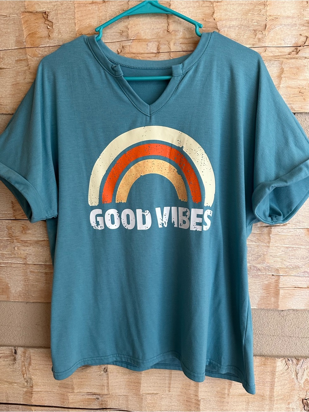 Amazon Teal Short Sleeve "Good Vibes" Tee with Cream and Orange Rainbow